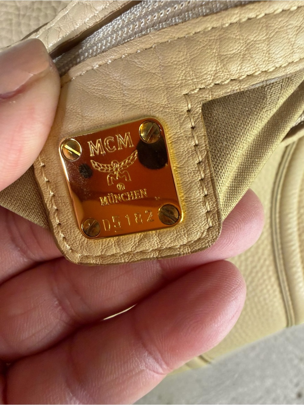 MCM Taupe Pebbled Leather Shoulder Bag with Gold Hardware - Picture 6 of 7